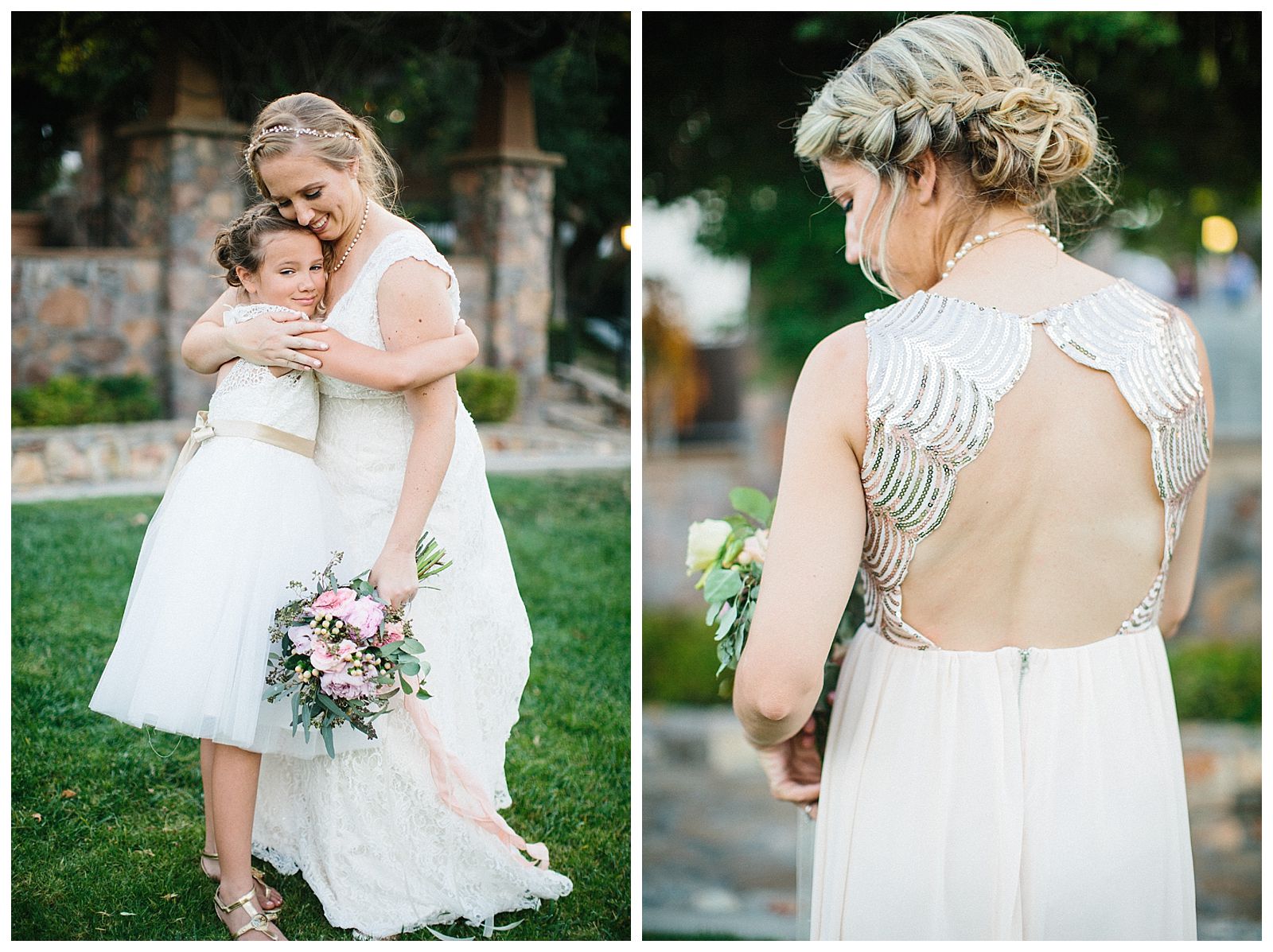 Sammie B , Bride and flower girl, backless bridesmaid dress